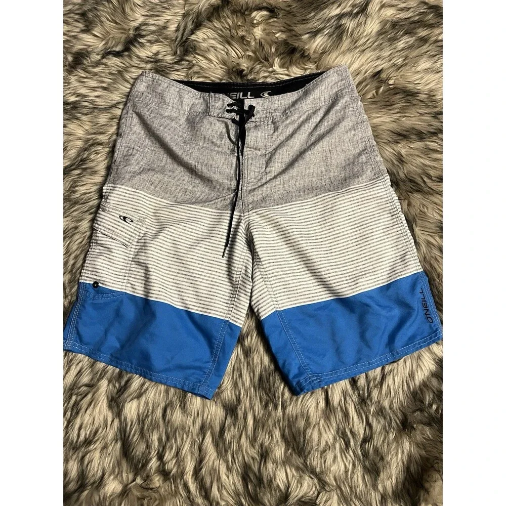 ONEILL Board Shorts Mens Size 32 Swim Gray Blue Striped Shorts